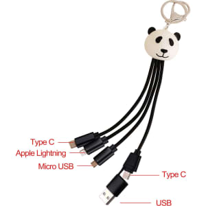 A custom-shaped light-up charging cable with a panda keyring, featuring Type C, Apple Lightning, and Micro USB connectors.