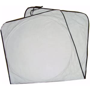 A foldable car shade in white with black trimming, featuring circular cutouts for easy storage.