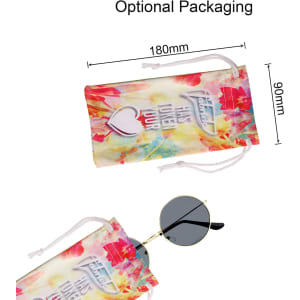 Retro round sunglasses in black, accompanied by a colourful pouch featuring a logo. Ideal for leisure and outdoor activities.