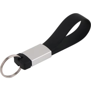 A black silicone tag flash drive with a silver connector and a keyring attachment.