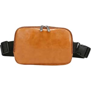 A tan polyurethane fanny pack with a zippered closure and an adjustable black strap. It features a logo.