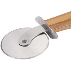A pizza cutter wheel with a polished stainless steel blade and a hand-carved wooden handle.