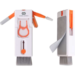 An 11-in-1 cleaning kit in white and orange, featuring various tools like brushes, a cloth, and a compact design.