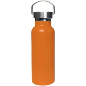A drink bottle in bright orange, featuring a stainless steel lid and a double wall vacuum design.