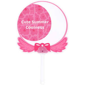 A custom-shaped hand fan with a pink design, featuring a bow and a logo.
