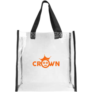 A clear tote bag with black straps and an orange logo on the front.