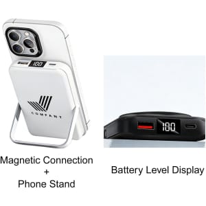 A white 10000mAh magnetic wireless power bank with a phone stand and battery level display. It features a logo.