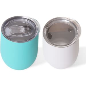 A drinkware cup set featuring a turquoise and a white 12oz double wall egg-shaped coffee cup with clear lids.