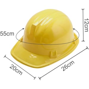 A yellow PVC construction hat with measurements of 55cm, 20cm, and 26cm displayed on a white background.