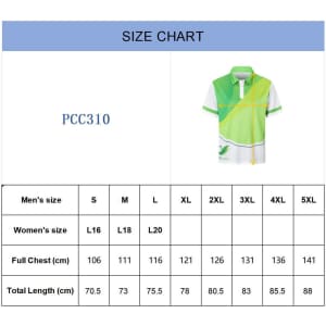 A size chart featuring dimensions for a unisex polo shirt in green and white with a logo.