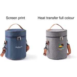 Two cylindrical lunch bags in navy blue and grey, each with a shoulder strap and a logo.