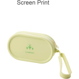 A round, light green silicone storage bag with a zipper and a handle, featuring a logo on the front.
