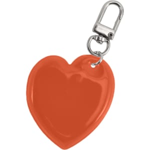 A heart-shaped keychain in bright orange with a metal clip for attachment. It has a glossy finish and a branding logo.