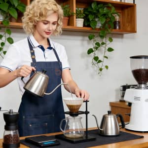 A woman in a navy poly-cotton denim full bib apron with neck strap brews coffee using a kettle and pour-over setup.