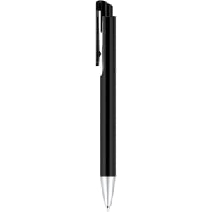 A black plastic pen with a silver tip and clip, featuring a logo on the barrel.