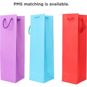 A drink bottle bag in purple, blue, and red, featuring handles and a logo.