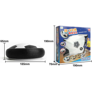 A black and white hover soccer ball with a round profile, next to its box featuring a logo and graphics.
