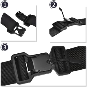 Three black buckles for adjustable straps, featuring a side-release design and different angles of the buckle attachments.