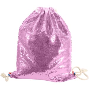 A pink sequin drawstring bag with a smooth, shiny finish and two drawstrings at the base.