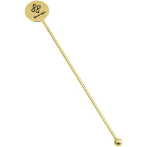 A gold stainless steel cocktail drink stirrer with a circular top and a spherical end, featuring a logo.