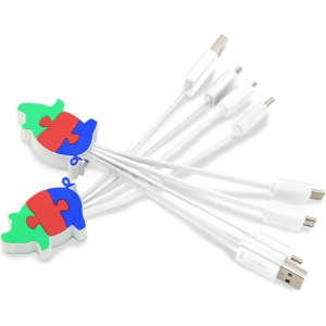 A colourful custom USB charging cable with a puzzle-shaped connector and multiple charging ends in white.