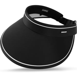 A black wide brim sun visor hat with a light trim and an adjustable strap. It features a logo on the band.