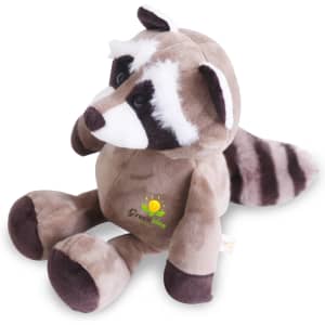 A brown and grey raccoon plush toy with black eyes and a fluffy tail, featuring a small logo.