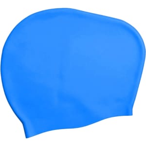 A blue silicone swim cap designed for women with long hair, featuring a smooth texture and a simple design.