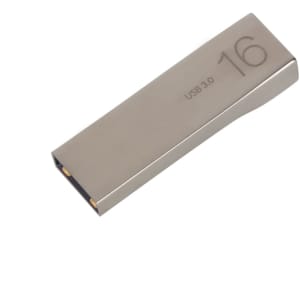 A silver USB flash drive with a sleek design and "16" 표시. It features a USB 3.0 connection.