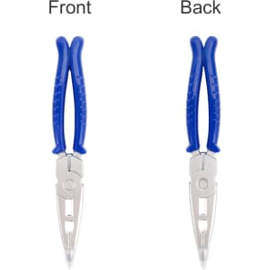 A blue plier-shaped ballpoint pen displayed from the front and back, showcasing its metallic tip and grips.