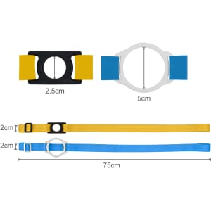 A drink bottle lanyard in yellow and blue, featuring a black and white clip and measuring 75 cm in length.