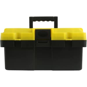 A black tool box with a yellow lid and handle, featuring compartments on the top. It has a locking mechanism.