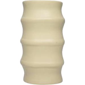 A beige spine-shaped stress reliever keyring with a smooth, wavy surface and a small branding logo.