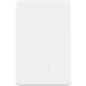 A white 5000mAh magnetic wireless power bank with indicator lights and a logo.