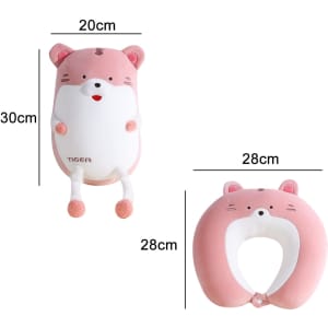 A tiger-shaped 2-in-1 travel pillow in pink and white, featuring a plush design with a smiling face and ear details.