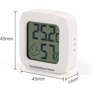 A white mini digital thermometer displaying temperature and humidity levels with a logo on the front.