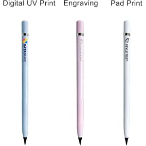 Three coloured pencils in blue, pink, and white, featuring different printing methods and a logo on each.