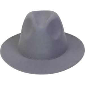 A grey felt wide brim fedora hat with a smooth finish and a rounded crown. Includes a branding logo.