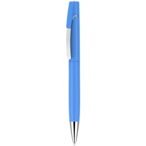 A blue pen with a silver clip and a smooth body, featuring a logo on the barrel.