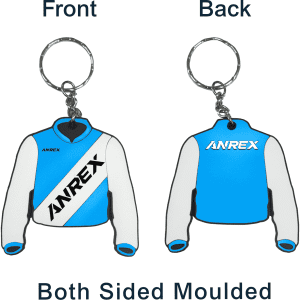 A custom-shaped PVC keyring in blue and white, featuring a jacket design on both sides with branding.