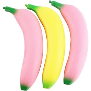 A collection of three banana-shaped stress relievers in pink and yellow colours with green tips.