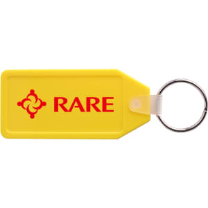 A long hexagon hard plastic keyring in bright yellow with a circular metal keyring attachment and a logo design.