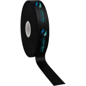 A roll of black satin polyester ribbon features a logo and text printed in full colour along the edge.