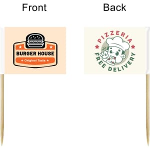A pack of 100 paper flags with a burger design on one side and a pizza delivery design on the other, featuring wooden sticks.