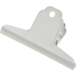A grey metal binder clip with a round hole for attachment, featuring a smooth finish and a sturdy design.
