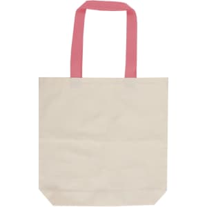 A cream canvas tote bag with pink handles, featuring a logo on one side.
