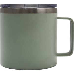 A drink bottle in pale green with a stainless steel lid and a handle, featuring a logo.