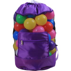 A foldable mesh drawstring backpack in purple, filled with multicoloured balls, featuring a small front pocket and a logo.