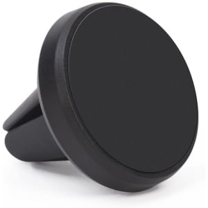 A black clip-on car phone holder with a circular design, featuring a simple and sleek appearance.