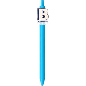 A custom acrylic pen in a vibrant blue colour with a logo at the top.